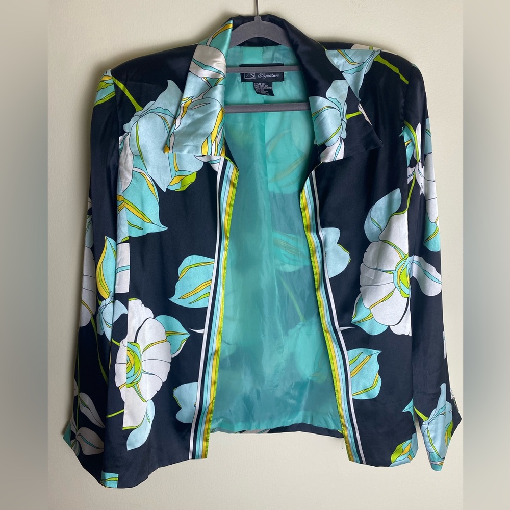 RUSSELL SCOTT WOMENS OPEN FRONT FLORAL COLORFUL 100% SILK BLAZER SIZE 12